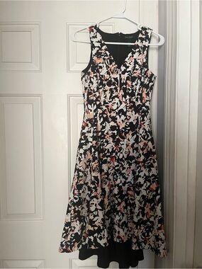 White House Black Market Black Midi Dress with Pink and Cream Floral Print